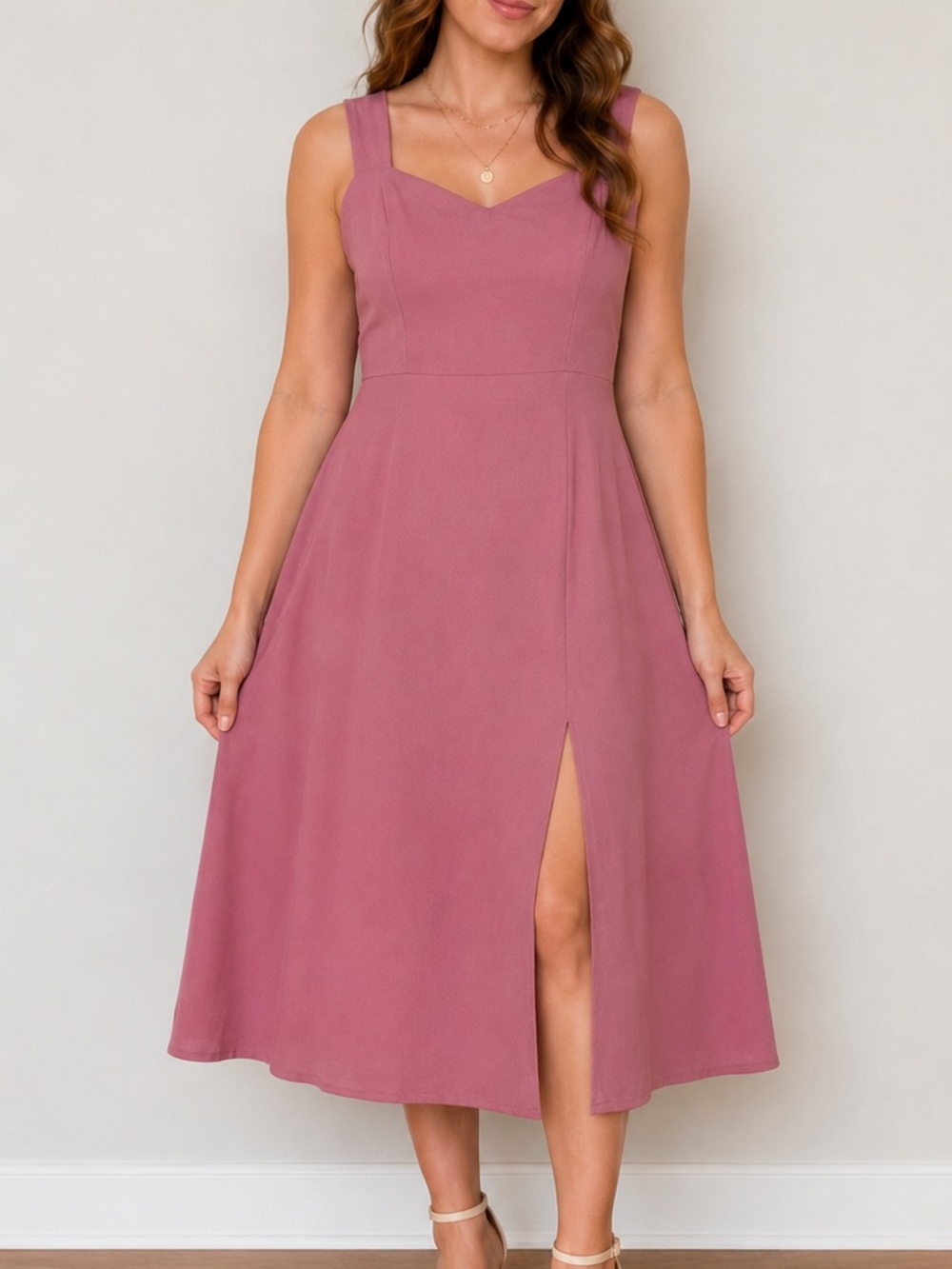 Park & Fifth Mauve Square Neck Midi Dress Slit Formal Wedding Guest Large